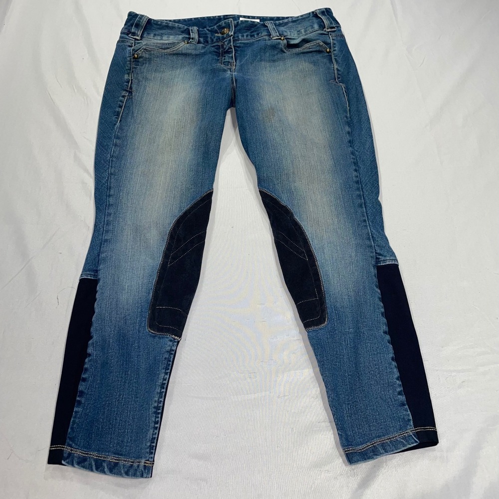 Ariat Womens Denim Equestrian Riding Breeches Blue Knee Patch Pants Size 28R